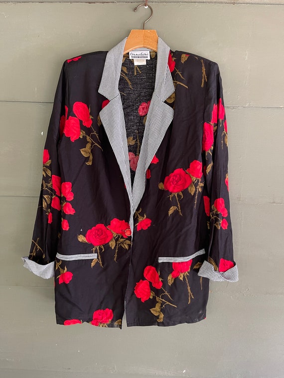 Vintage 80s BLAZER Boyfriend GRUNGE Red Roses & C… - image 1