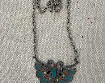 Vintage 80s SIGNED Celebrity BUTTERFLY Pewter Looking NECKLACE