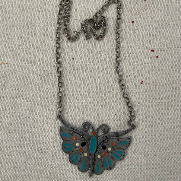 Vintage 80s SIGNED Celebrity BUTTERFLY Pewter Looking NECKLACE