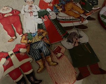 Vintage CHRISTMAS Wooden SANTA & Mrs. CLAUS Paper Dolls Outfits