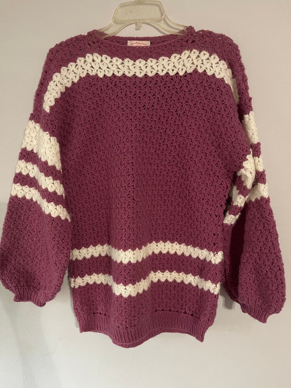 Vintage 1970s KNIT Crochet PLUM Sweater BALLOON S… - image 1