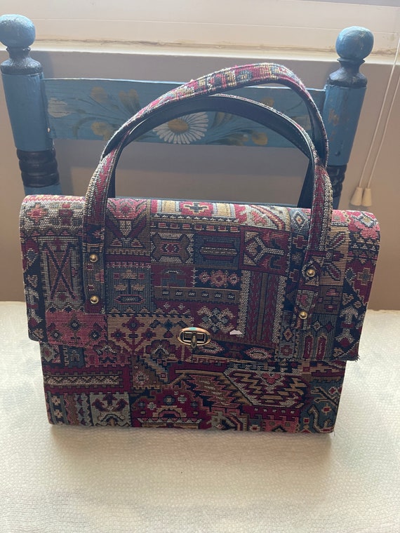 Vintage 60s TAPESTRY Handbag Kelly Style Handle Ba