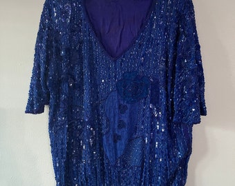 GORGEOUS Vintage 1990s SEQUIN Silk Beaded Royal Blue blouse Small Y2K Party Glamour