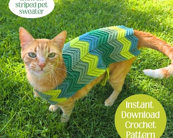 Cat Sweater Crochet Pattern  — Chevron Striped Crochet Pet Sweater | Cat Halloween Costume | English Crochet Pattern pdf