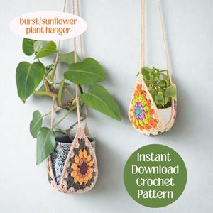 Maceta de crochet para colgar plantas — Patrón de crochet para maceta / Cuadrado de la abuela con girasoles (Descarga en PDF)