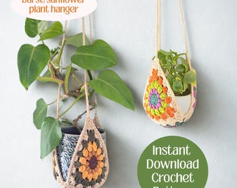 Crochet Plant Hanger — Plant Pot Crochet Pattern | Burst Sunflower Granny Square (PDF Download)