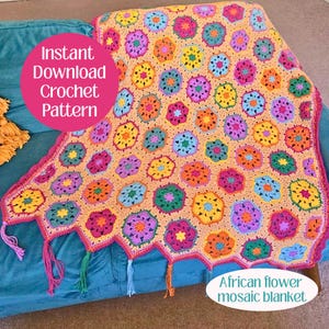 Crochet Throw Blanket Pattern — Easy Crochet Blanket  | African Flower Crochet Motif | Boho Home Decorating | English Crochet Pattern pdf