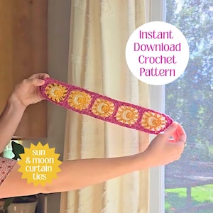 May include: A handmade crochet curtain tie featuring a series of sun motifs in yellow and gold, set against a magenta background. The text "Instant Download Crochet Pattern" is visible. The product is labeled "sun & moon curtain ties".
