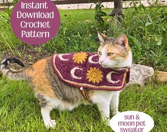 Cat Sweater Crochet Pattern — Celestial Pet Sweater | Sun and Moon Crochet Motif | Cat Halloween Costume | English Crochet Pattern pdf