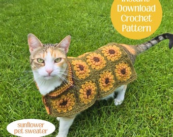 Sunflower Granny Square Cat Sweater Crochet Pattern: Pet Costume (PDF Pattern)