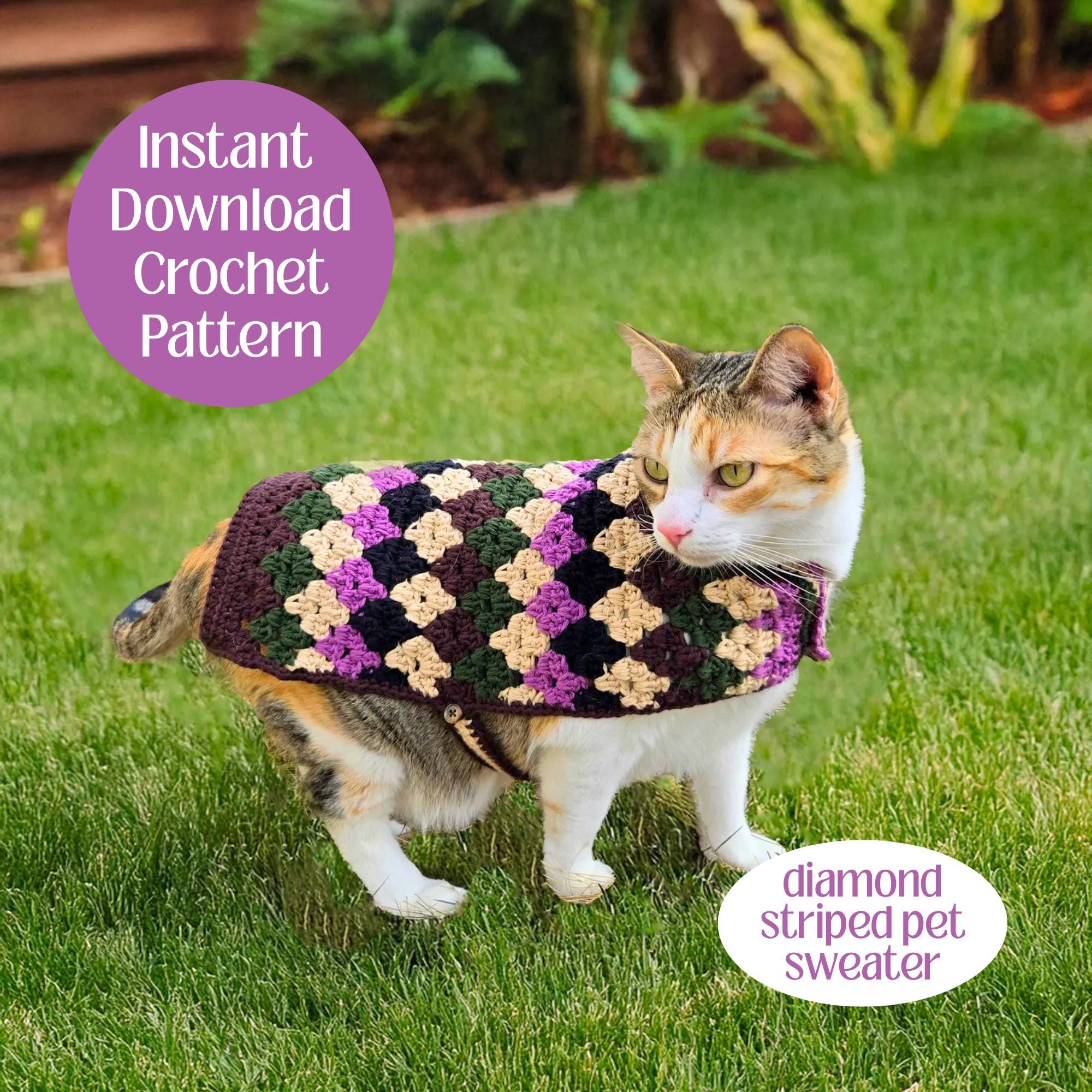 Cat Sweater Crochet Pattern — Diamond Stitch Striped Crochet Pet Sweater | Cat Halloween Costume |  English Crochet Pattern pdf