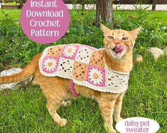 Cat Sweater Crochet Pattern — Daisy Granny Square Pet Sweater | Cat Halloween Costume | English Crochet Pattern pdf