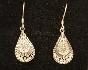 Sterling Silver Filigree Dangle Teardrop Earrings 925