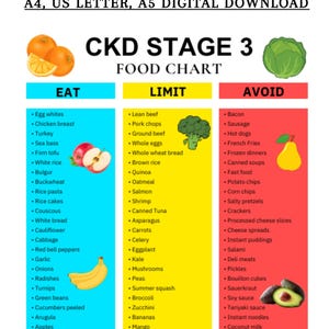 May include: A digital food chart for CKD Stage 3, with lists of foods to eat, limit, and avoid. The chart is divided into three color-coded sections: blue, yellow, and red. Includes fruits, vegetables, and other food items.