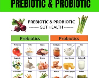 Prebiotic and Probiotic Food List, Gut Microbiome Food List, Gut Health food chart, Prebiotic Grocery List, Probiotic Food Chart Printable