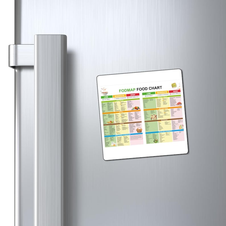 May include: A white rectangular magnet displaying a FODMAP food chart, attached to a stainless steel fridge door. The chart is divided into sections with lists of foods. The text "FODMAP FOOD CHART" is in green.
