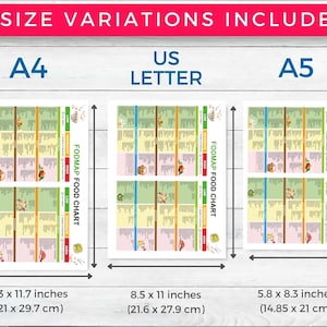 May include: Three FODMAP food charts in A4 (21 x 29.7 cm), US Letter (21.6 x 27.9 cm), and A5 (14.85 x 21 cm) sizes. The charts feature a colorful design with food illustrations and text. The top banner reads "3 SIZE VARIATIONS INCLUDED."