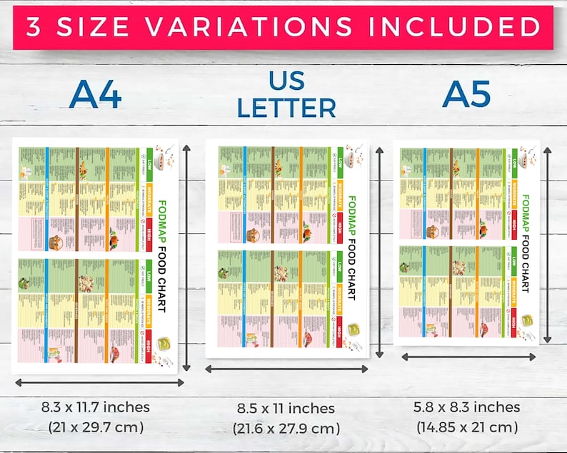 May include: Three FODMAP food charts in A4 (21 x 29.7 cm), US Letter (21.6 x 27.9 cm), and A5 (14.85 x 21 cm) sizes. The charts feature a colorful design with food illustrations and text. The top banner reads "3 SIZE VARIATIONS INCLUDED."
