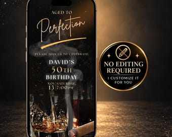 50th Birthday Video Invitation, Aged to Perfection Digital Invite, Black Gold Whiskey Cigar Party