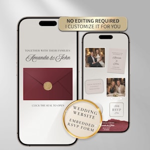 Wedding Website with RSVP, Burgundy Elegant Digital Invitation, Custom Wedding Website with Embedded RSVP Form, Online Wedding Invitation, Personalized Wedding Site, Luxury Wedding Details Page, Photo Gallery, Mobile Friendly Wedding Website, No Editing Required, 24-48 Hour Delivery, Virtual Wedding Invitation for Modern Couples