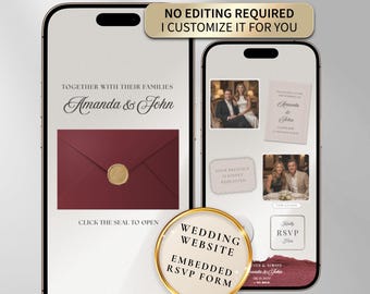 Burgundy Wedding Website Invitation with Online RSVP, Custom Digital Wedding Invite, Animated Envelope