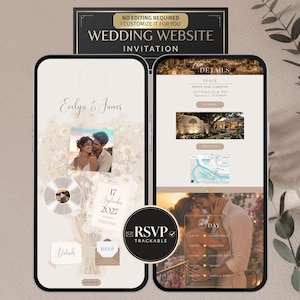 Op de afbeelding: Twee smartphones tonen een sjabloon voor een trouwwebsite-uitnodiging met een beige bloemenachtergrond. De schermen tonen de tekst Evelyn & James, 17 september 2027, locatiedetails, een kaart, een schema en een ronde RSVP-knop.