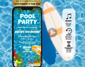 Animated Pool Party Birthday Invitation Video: Summer Evite (Digital)