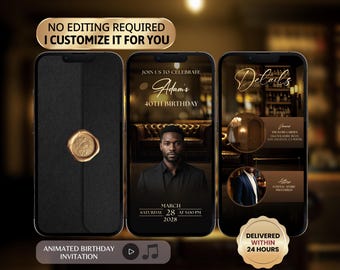 Luxury Black and Gold Birthday Video Invitation, Animated Electronic Invite, I Edit For You