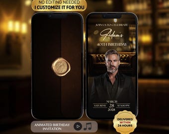 Men Birthday Video Invitation, Animated Dark Brown and Black Theme Party Invite