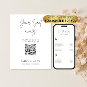 以下が含まれることがあります： 「Your Seat Awaits」のテキストとQRコードが記載された結婚式の座席表。スマートフォンにはデジタル座席配置が表示されます。イベントは、2026年7月20日にロサンゼルスで開催されるEmily & Alexのものです。