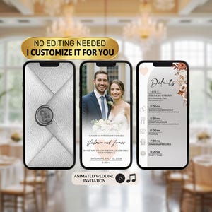 Könnte beinhalten: Animierte Hochzeitseinladung auf drei Smartphones. Die Einladung zeigt ein Foto des Paares, Hochzeitsdetails und ein Umschlagdesign. Der Text lautet "Victoria und James" und "Samstag, 10. Juli 2026."