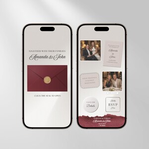 May include: Two smartphones displaying a digital wedding invitation interface. The left screen shows a dark red envelope with a gold wax seal and the text Together with their families Amanda & John. The right screen features photos of a couple, RSVP buttons, and event details.