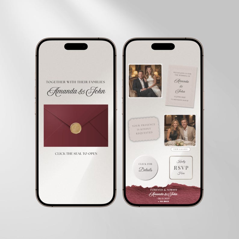 May include: Two smartphones displaying a digital wedding invitation interface. The left screen shows a dark red envelope with a gold wax seal and the text Together with their families Amanda & John. The right screen features photos of a couple, RSVP buttons, and event details.