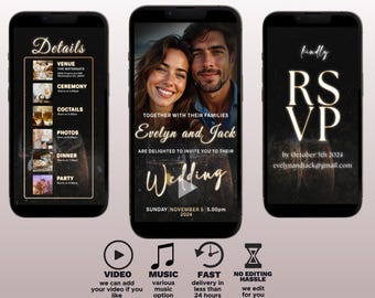 May include: A wedding invitation with a black background and gold text. The invitation features a photo of a couple and the text "Evelyn and Jack are delighted to invite you to their Wedding". The invitation also includes the date and time of the wedding, "Sunday, November 5, 5:00pm 2024".