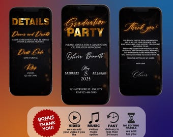 Geanimeerde afstudeeruitnodiging, digitale afstudeerfeestuitnodiging, moderne zwarte en gouden afstudeeraankondiging