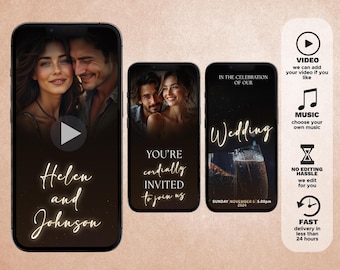 May include: A digital wedding invitation with a dark background and gold text. The invitation features a photo of a couple and the text "You're cordially invited to join us" and "Wedding". The invitation also includes the date and time of the wedding.