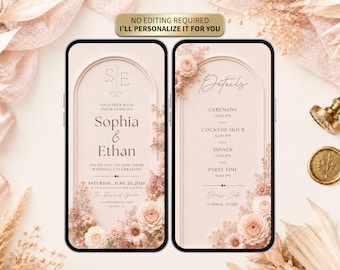 Personalized Blush Floral Animated Wedding Invitation Video, Digital Wedding Invite, No Editing Required