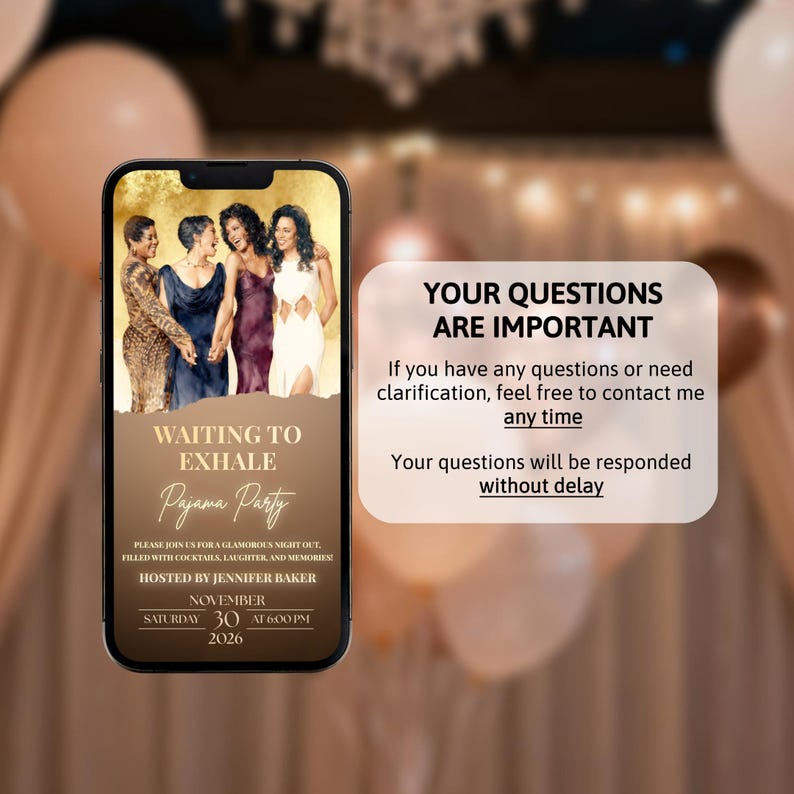 Waiting to Exhale Pajama Party Invitation, Elegant Gold Animated Evite image 9