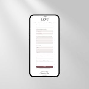 May include: A smartphone displaying a digital wedding RSVP form with the title RSVP, fields for name, attendance, guest count, meal choices, contact information, and special requests, ending with a submit button and the names Amanda & John.