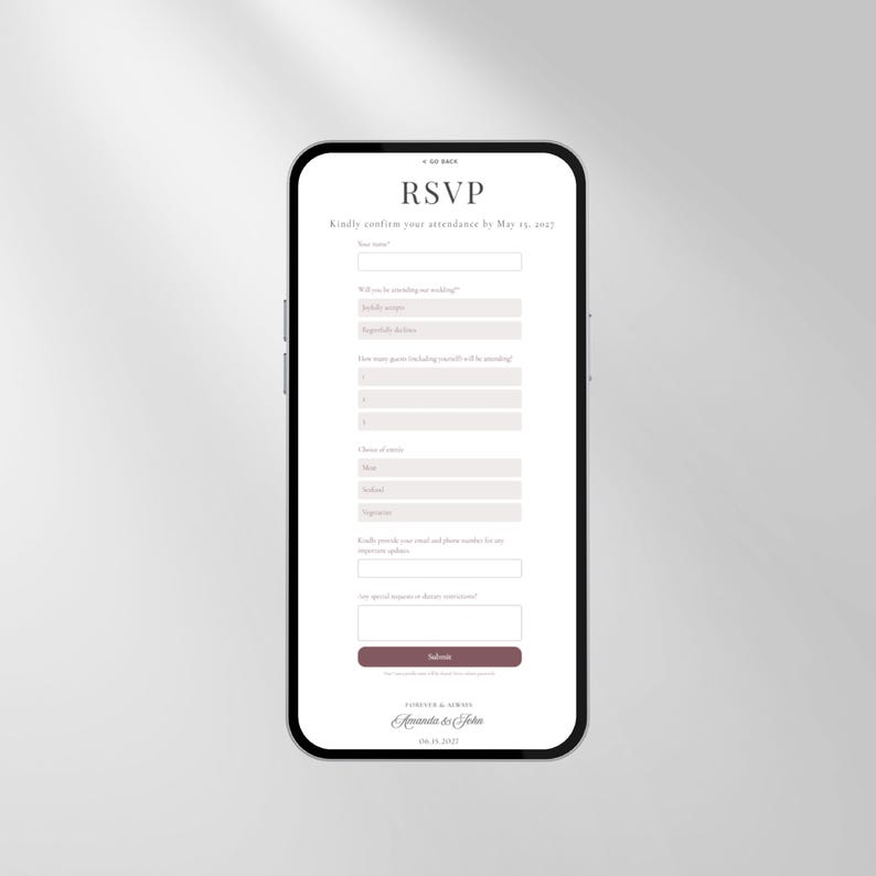 May include: A smartphone displaying a digital wedding RSVP form with the title RSVP, fields for name, attendance, guest count, meal choices, contact information, and special requests, ending with a submit button and the names Amanda & John.