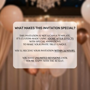 May include: A digital invitation with text that reads "WHAT MAKES THIS INVITATION SPECIAL?" and details about custom design, animations, and revisions. The background features blurred balloons and soft lighting.