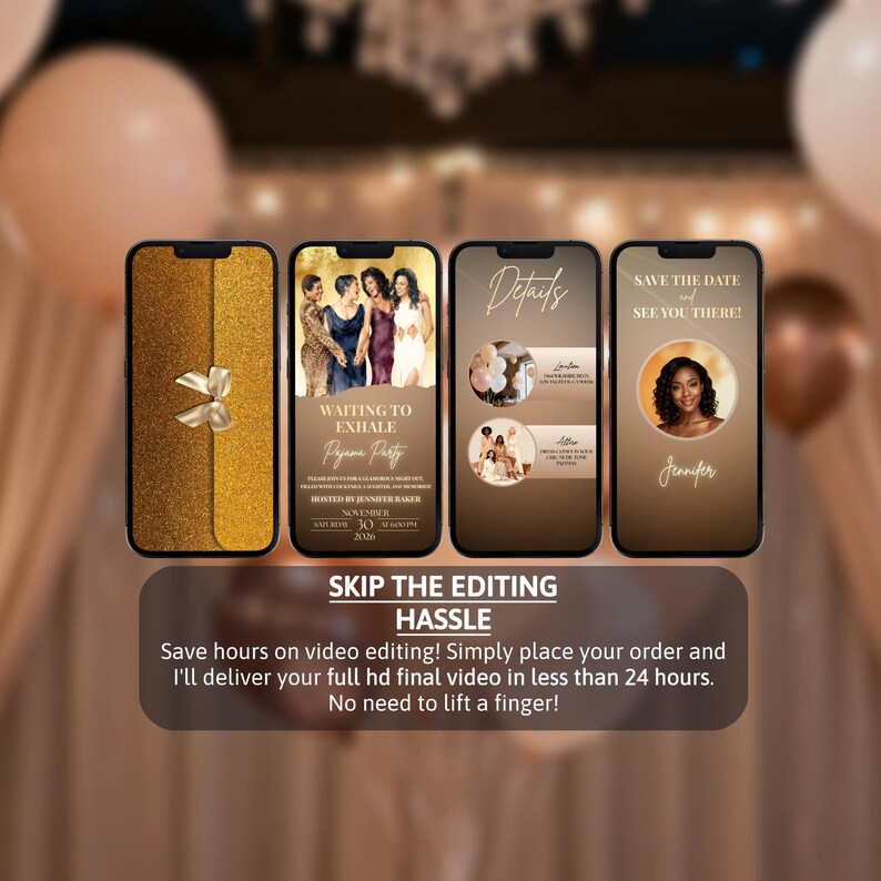 Waiting to Exhale Pajama Party Invitation, Elegant Gold Animated Evite image 3