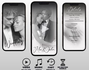 May include: Black and white wedding invitation with a photo of a couple, a play button, and a music note icon. The invitation includes the couple's names, Mia & John, the wedding date, and the location. The text "Details" is at the top of the invitation.
