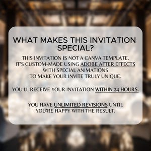 Może przedstawiać: Cyfrowy projekt zaproszenia z tekstem na rozmytym tle. Tekst brzmi: "WHAT MAKES THIS INVITATION SPECIAL?" oraz szczeg&oacute;ły dotyczące niestandardowego projektu, Adobe After Effects i nieograniczonej liczby poprawek.