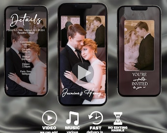 May include: A wedding invitation video template with a black background and a white play button. The text "You're cordially invited to join us" is displayed in white. The template includes a video of the couple and a schedule of events.