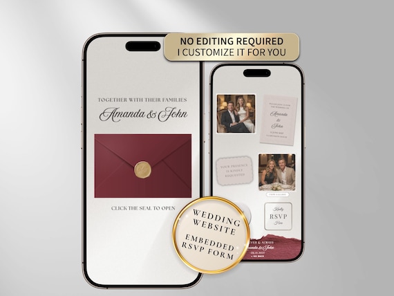 Burgundy Wedding Website Invitation with Online RSVP, Custom Digital Wedding Invite, Animated Envelope