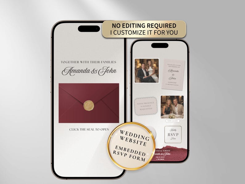 Wedding Website with RSVP, Burgundy Elegant Digital Invitation, Custom Wedding Website with Embedded RSVP Form, Online Wedding Invitation, Personalized Wedding Site, Luxury Wedding Details Page, Photo Gallery, Mobile Friendly Wedding Website, No Editing Required, 24-48 Hour Delivery, Virtual Wedding Invitation for Modern Couples