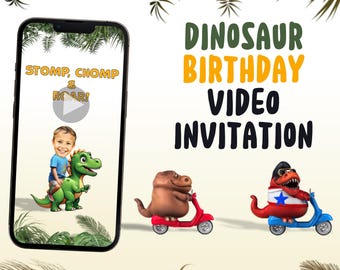 May include: A digital video invitation for a dinosaur themed birthday party. The invitation features a cartoon dinosaur riding a scooter and the text "Dinosaur Birthday Video Invitation".