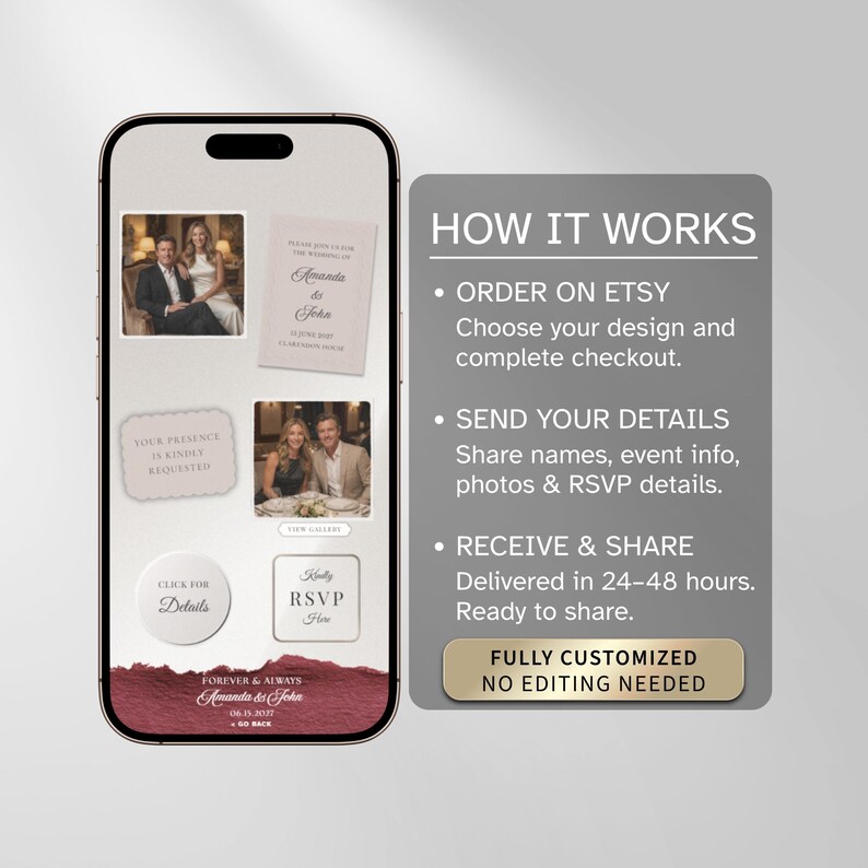 May include: A smartphone screen displaying a digital wedding invitation interface with photos of a couple, RSVP buttons, and event details. Next to the phone, a gray informational panel titled HOW IT WORKS outlines the process of ordering, sending details, and receiving the final customized digital file within 24 to 48 hours.