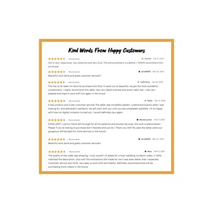May include: A tan-colored graphic with the text "Kind Words From Happy Customers" at the top. The graphic displays customer reviews with 5-star ratings and positive comments about a seller's work and customer service.